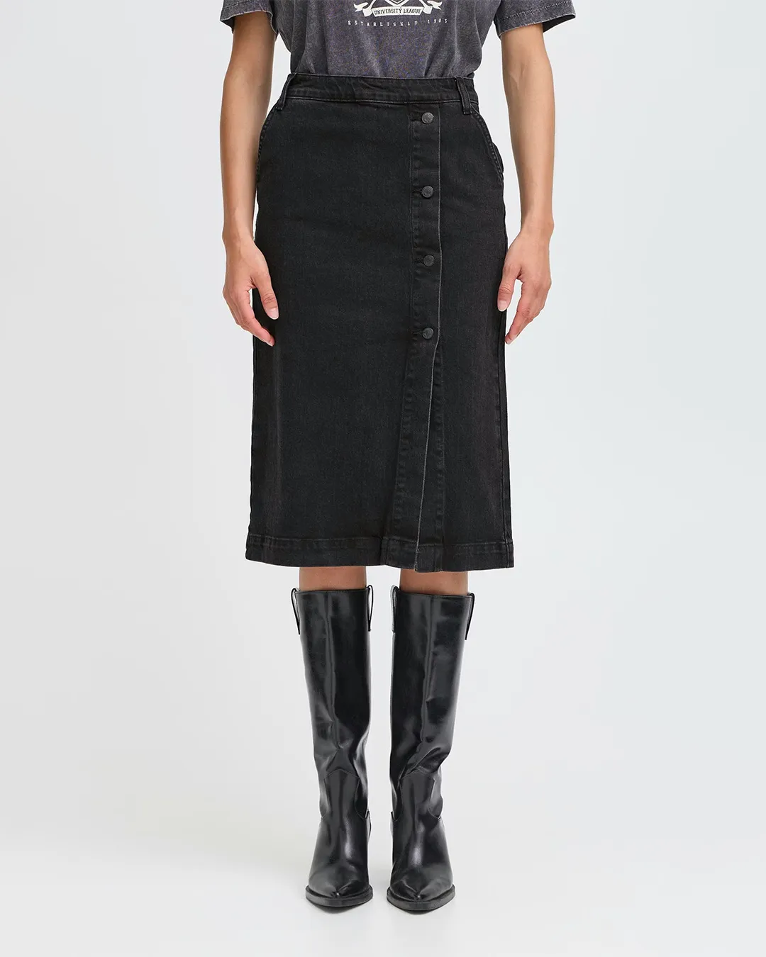 B.Young Black Denim Midi Skirt With Button Placket
