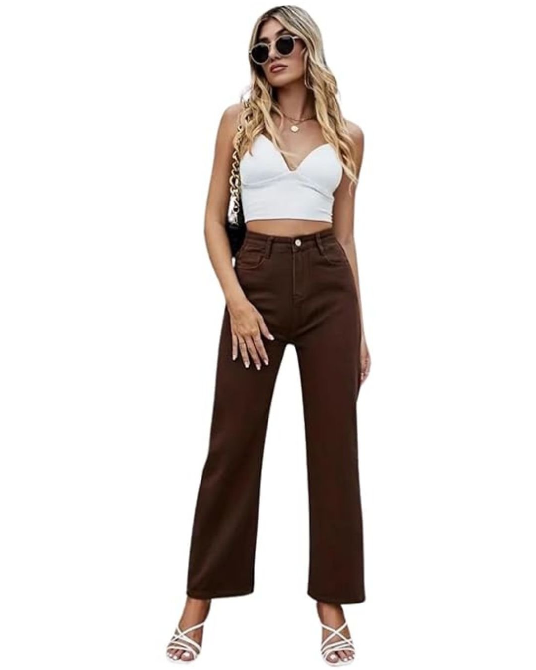 Dark brown wide leg jeans with a high rise waist and flattering fit. Designed for effortless elegance and everyday comfort.