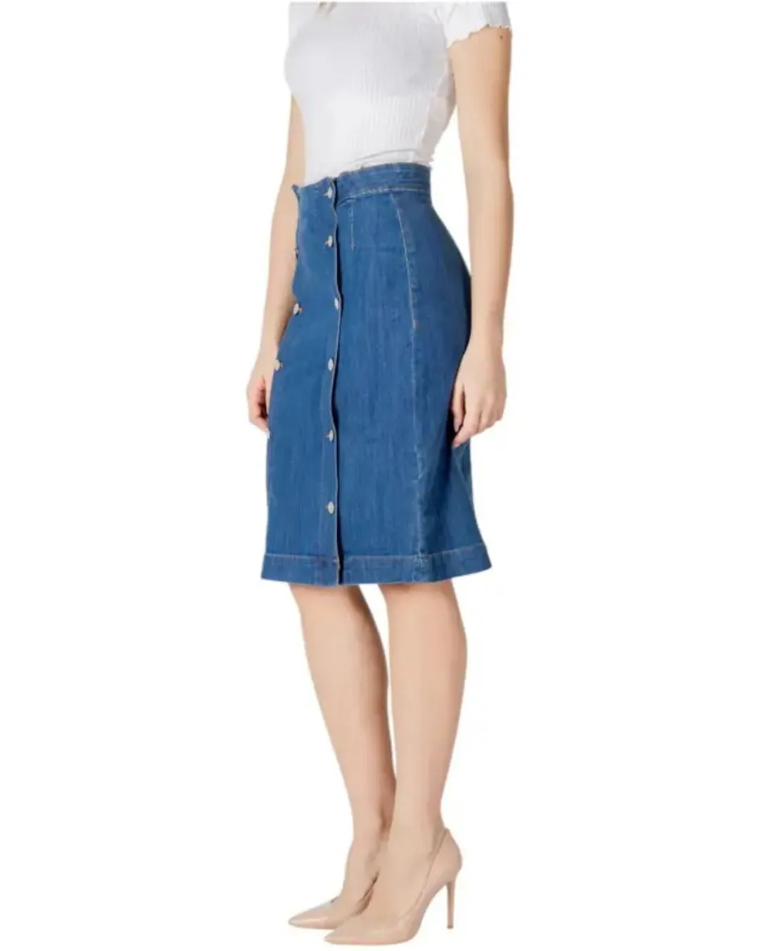 Women Blue Denim Midi Skirt Ichi Button Front Style