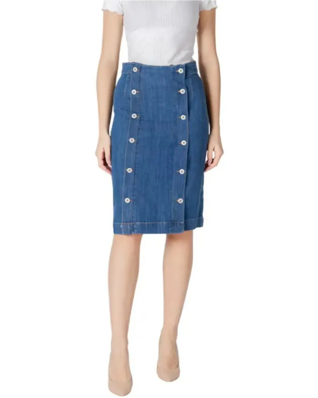 Women Blue Denim Midi Skirt Ichi Button Front Style