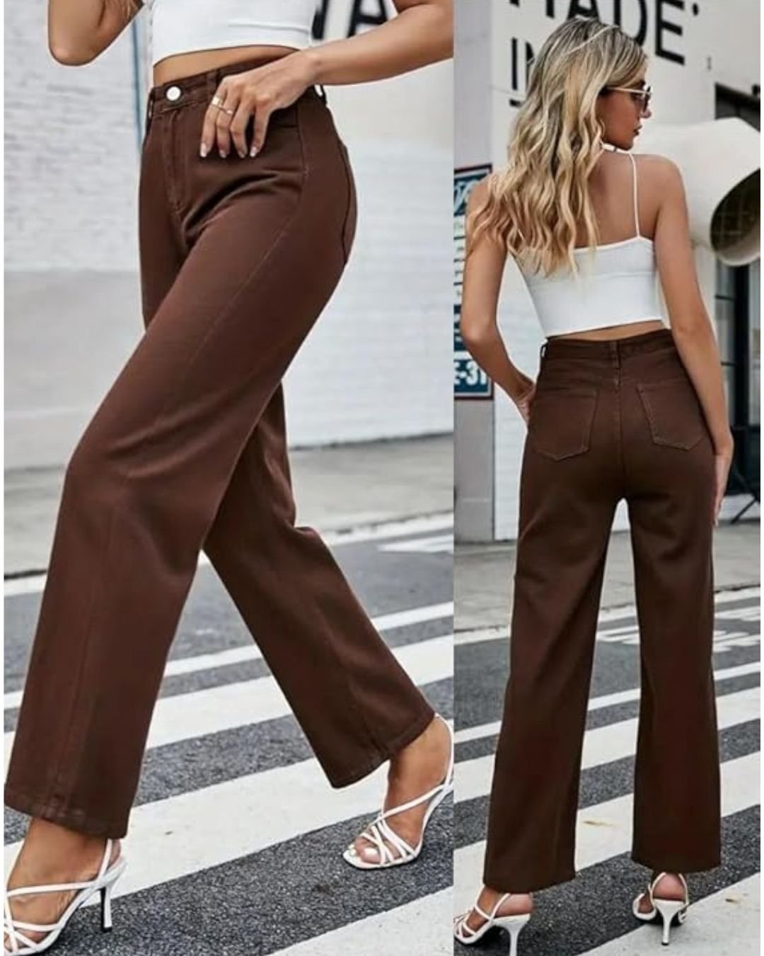 Dark brown wide leg jeans with a high rise waist and flattering fit. Designed for effortless elegance and everyday comfort.