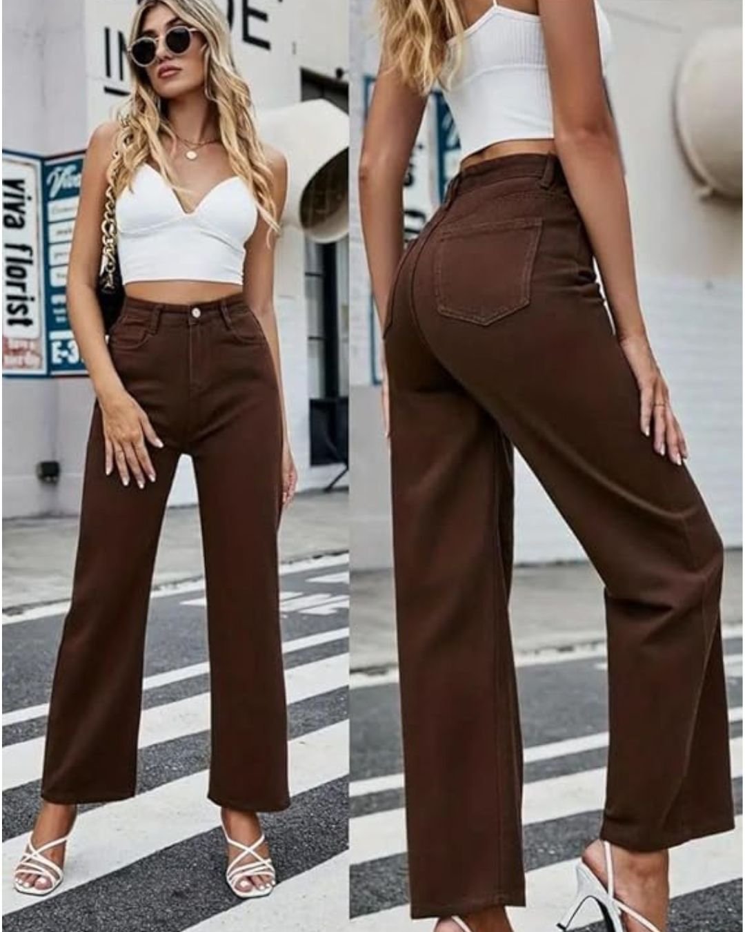 Dark brown wide leg jeans with a high rise waist and flattering fit. Designed for effortless elegance and everyday comfort.