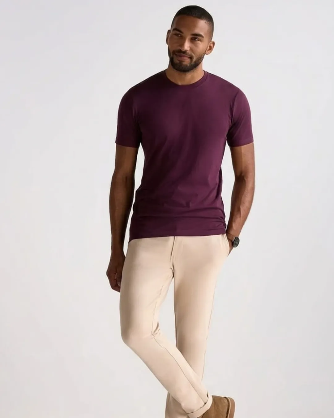 Mens sydney mehroon crew neck tee with clean modern style and soft comfort. Perfect everyday shirt that pairs easily with chinos denim or casual trousers for relaxed confident fashion.