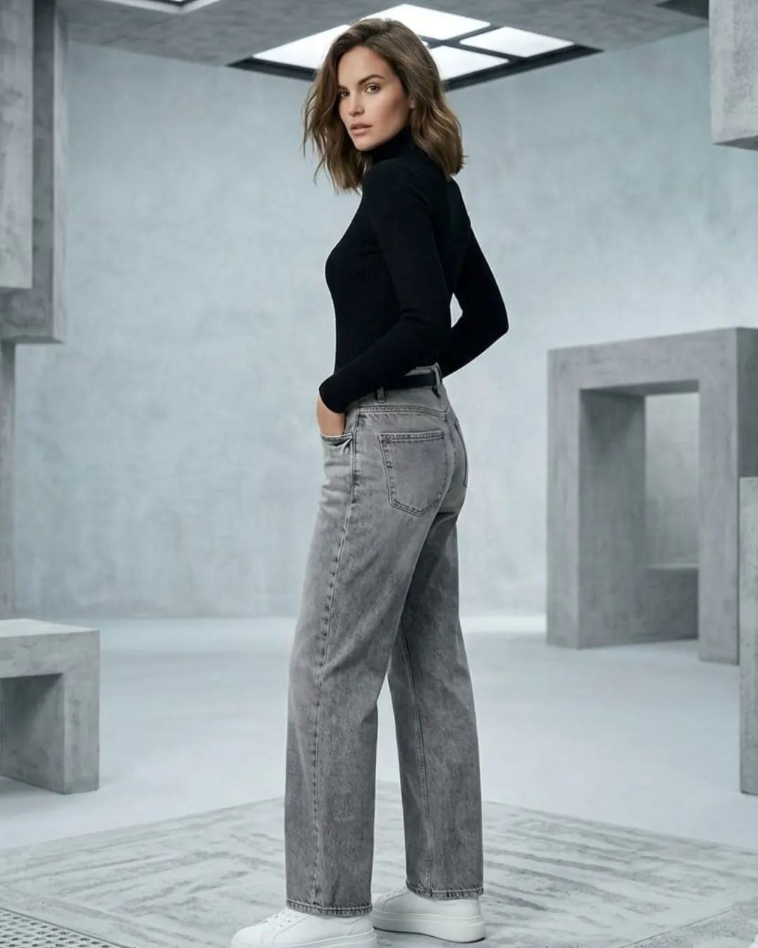 Modern gray acid wash jeans designed in a flattering straight fit silhouette for effortless everyday style and comfort.