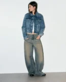 Vintage olive wide leg denim jeans designed for confident everyday style. High rise waist relaxed leg shape and durable denim create comfort movement and modern street appeal.