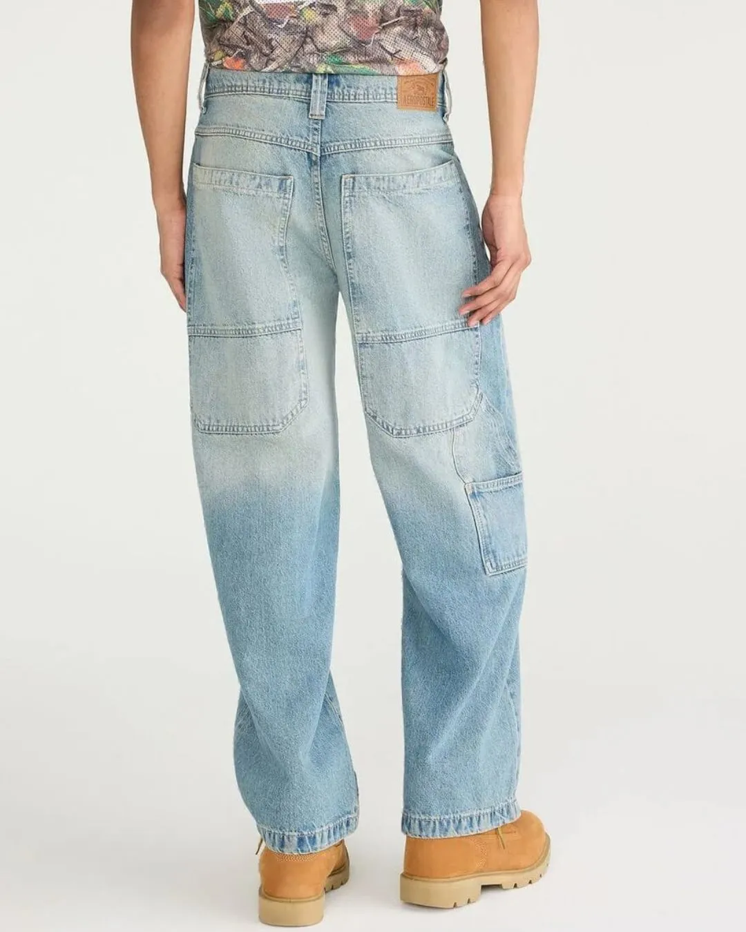 Aeropostale light wash wide leg carpenter utility jeans offer relaxed street style breathable denim comfort and modern everyday fashion for men and women.