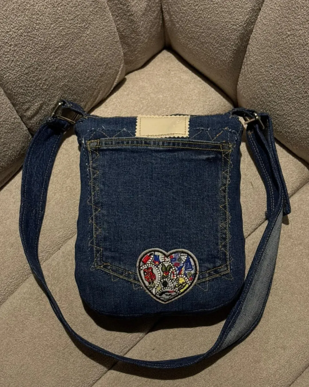Upcycled Denim Patch Crossbody Bag Stylish Casual Bag