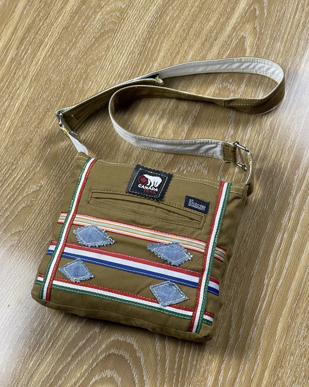 Upcycled Denim Crossbody Bag Khaki Brown Patch Style