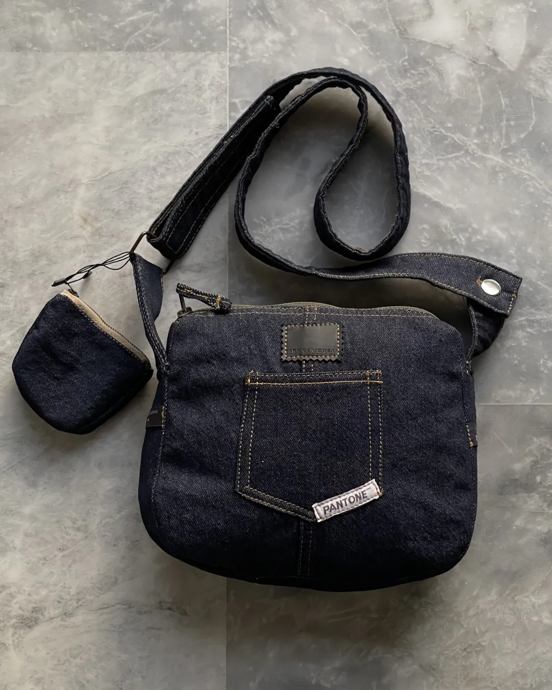 Raw Denim Shoulder Bag With Pocket And Mini Pouch