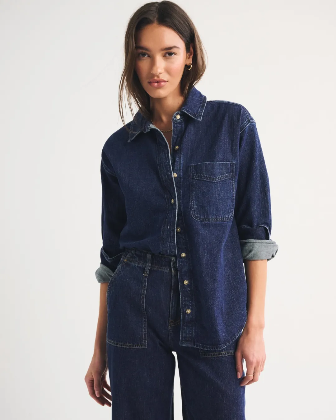 Lands End Dark Wash Denim Shirt Women Classic Fit