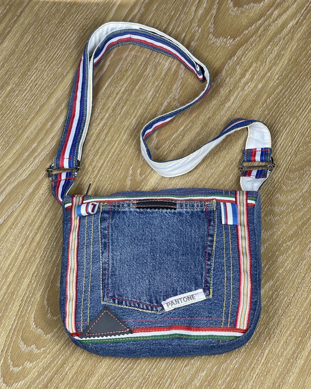 Upcycled Blue Denim Crossbody Bag with Stripe Detail
