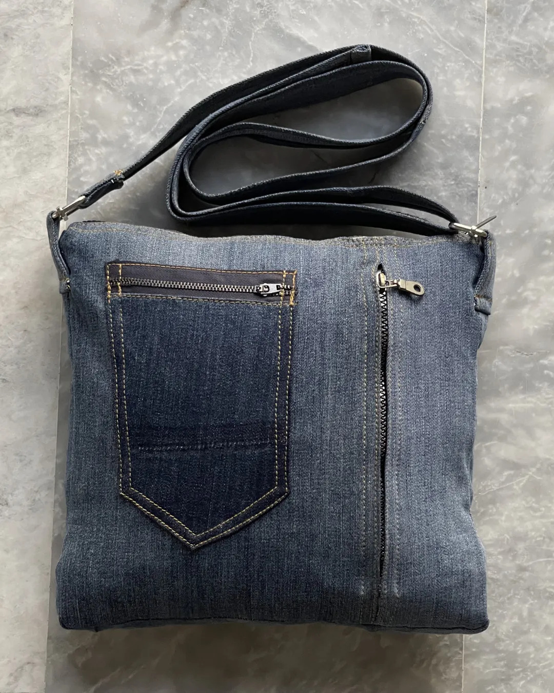 Reworked Denim Crossbody Bag With Dual Pocket Design By TLD
