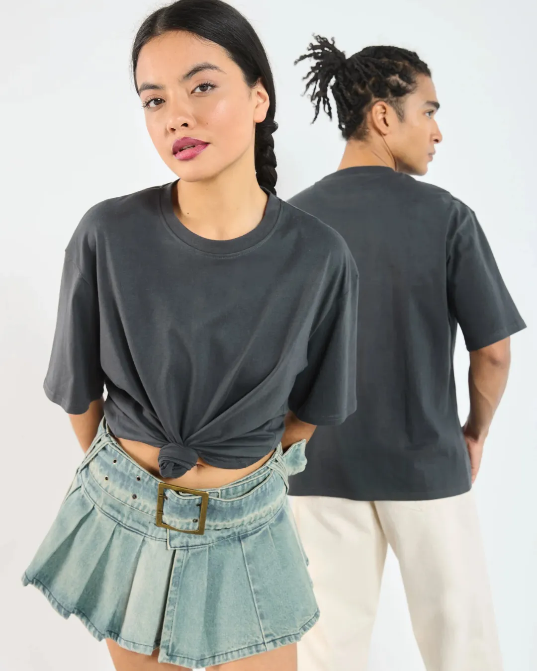 Dark Navy Blue Wash Blank Tee STWD Pull&Bear Down Shoulder