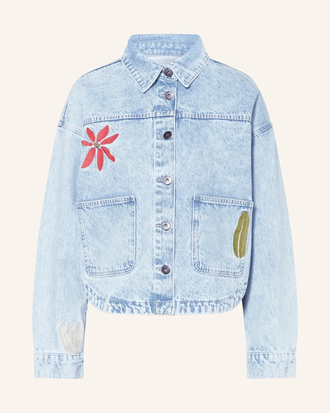 A stylish light wash Ichi denim set with a relaxed fit and artistic details perfect for creating a modern and effortless everyday look.