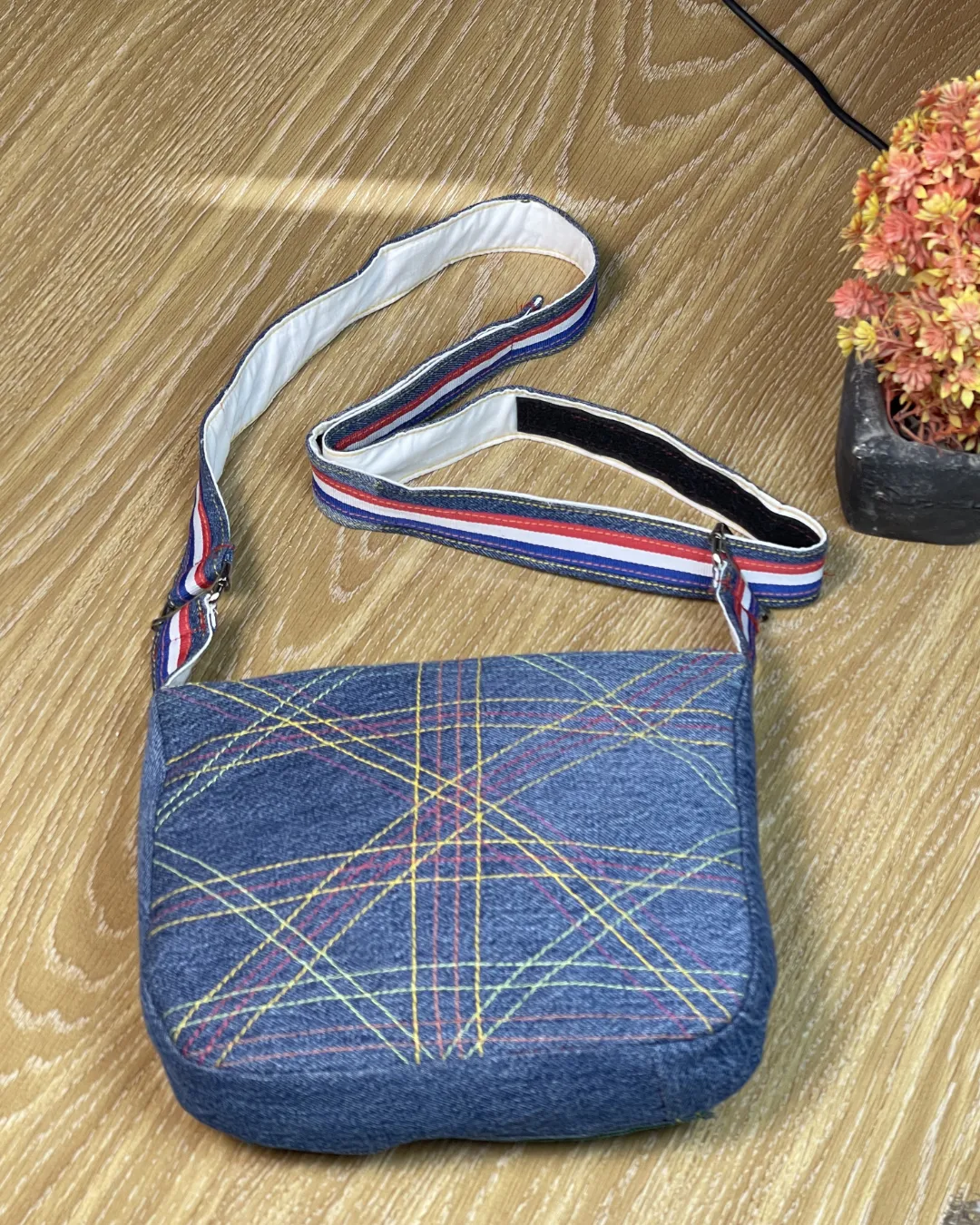Upcycled Blue Denim Crossbody Bag with Stripe Detail