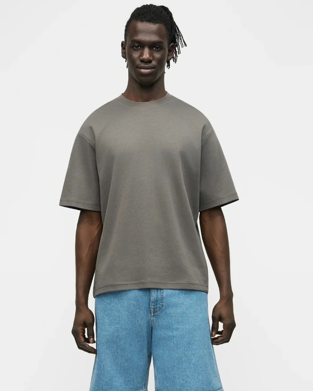 Dark Taupe Grey Wash Blank Tee STWD Pull&Bear Down Shoulder