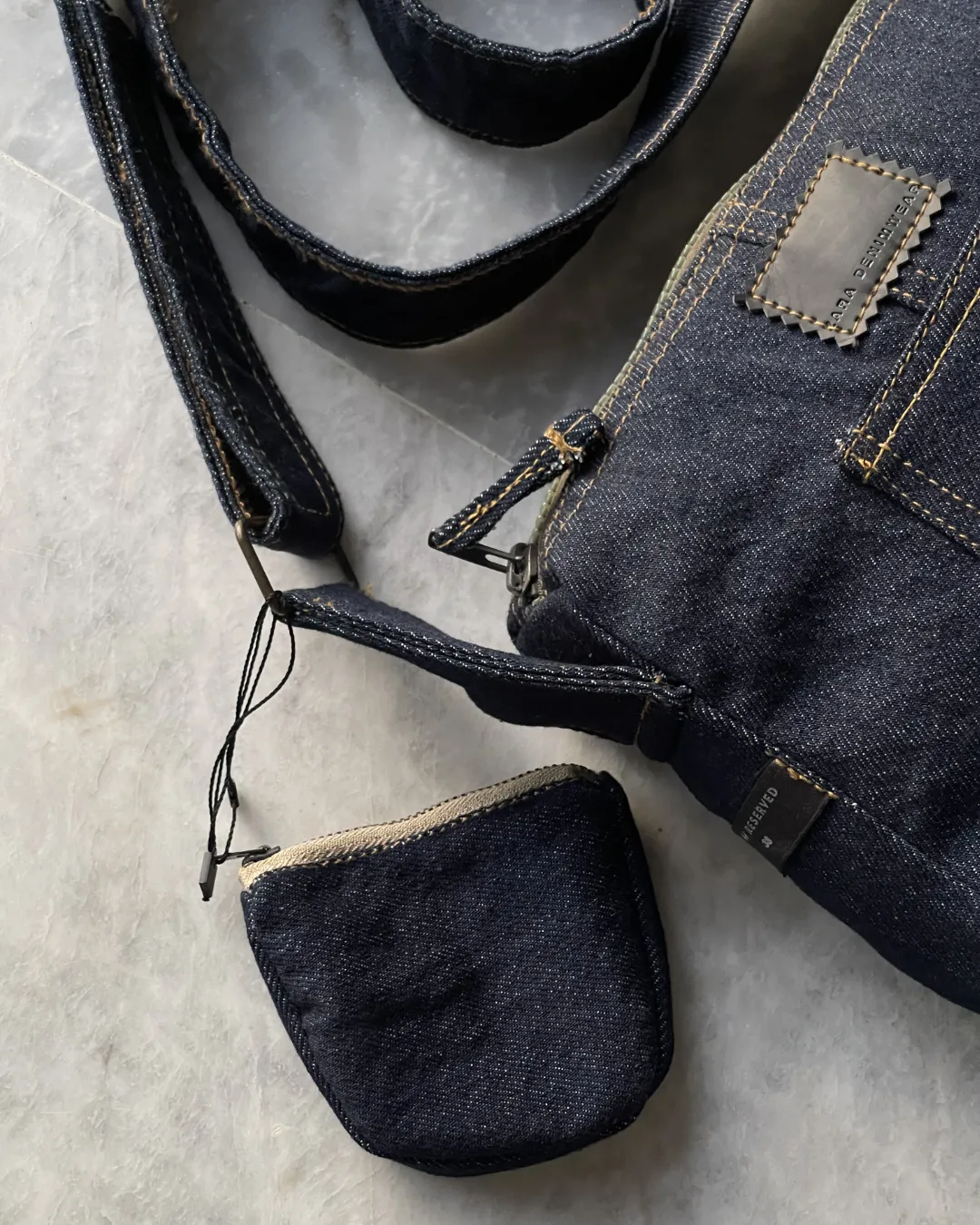 Raw Denim Shoulder Bag With Pocket And Mini Pouch