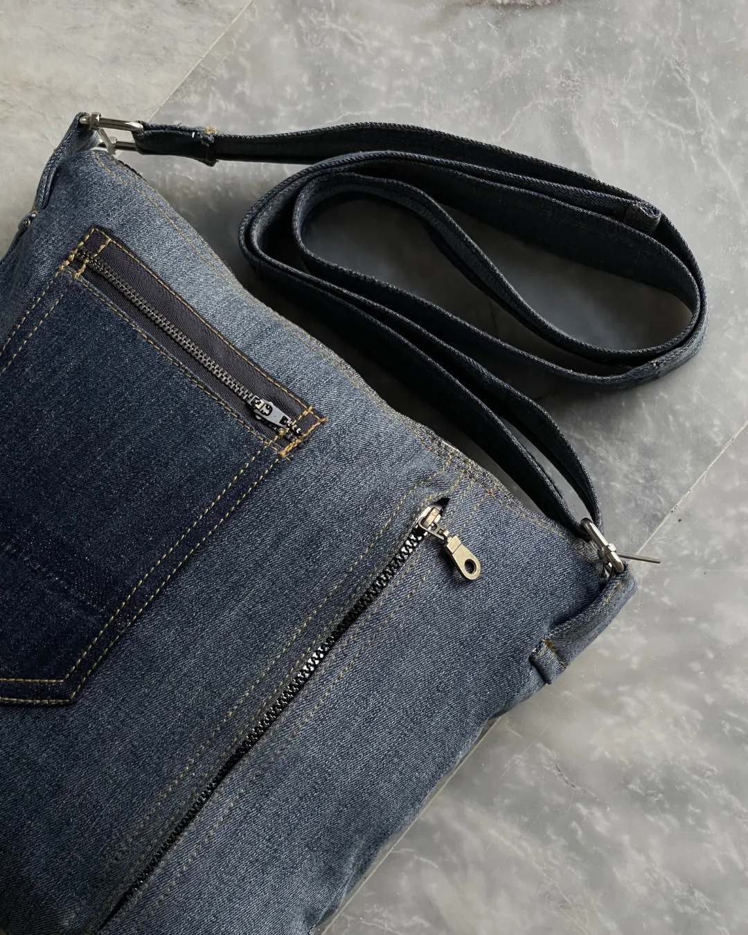 Reworked Denim Crossbody Bag With Dual Pocket Design By TLD