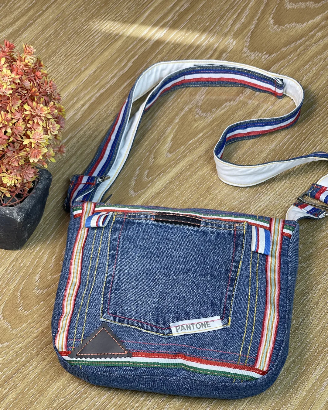 Upcycled Blue Denim Crossbody Bag with Stripe Detail