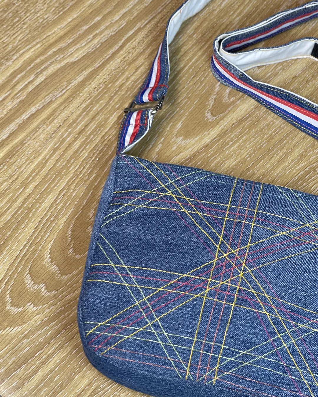 Upcycled Blue Denim Crossbody Bag with Stripe Detail