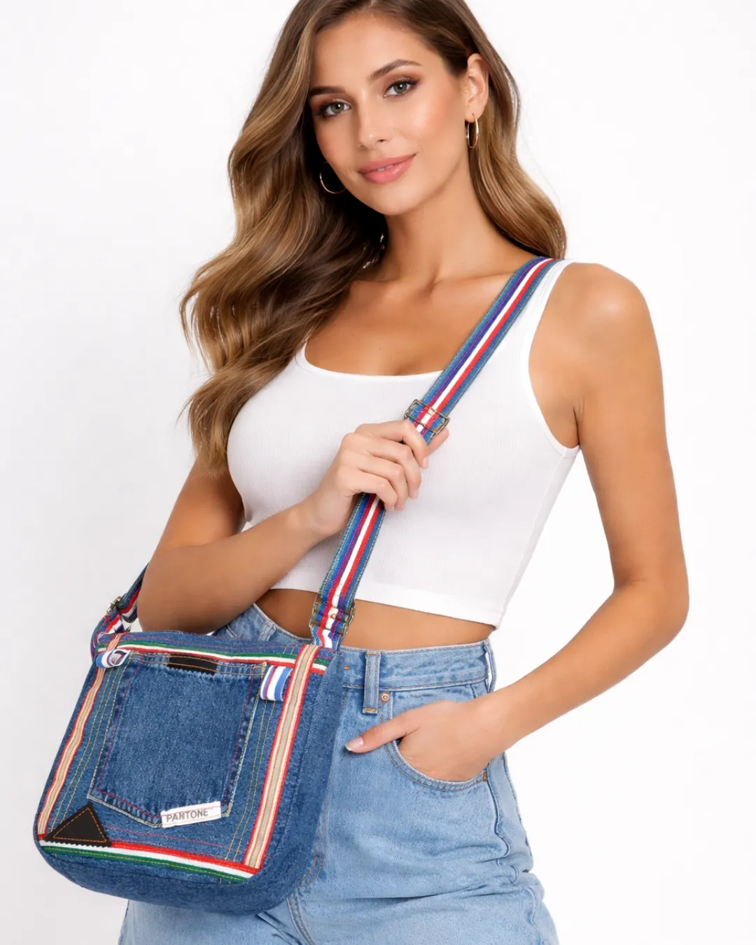 Upcycled Blue Denim Crossbody Bag with Stripe Detail