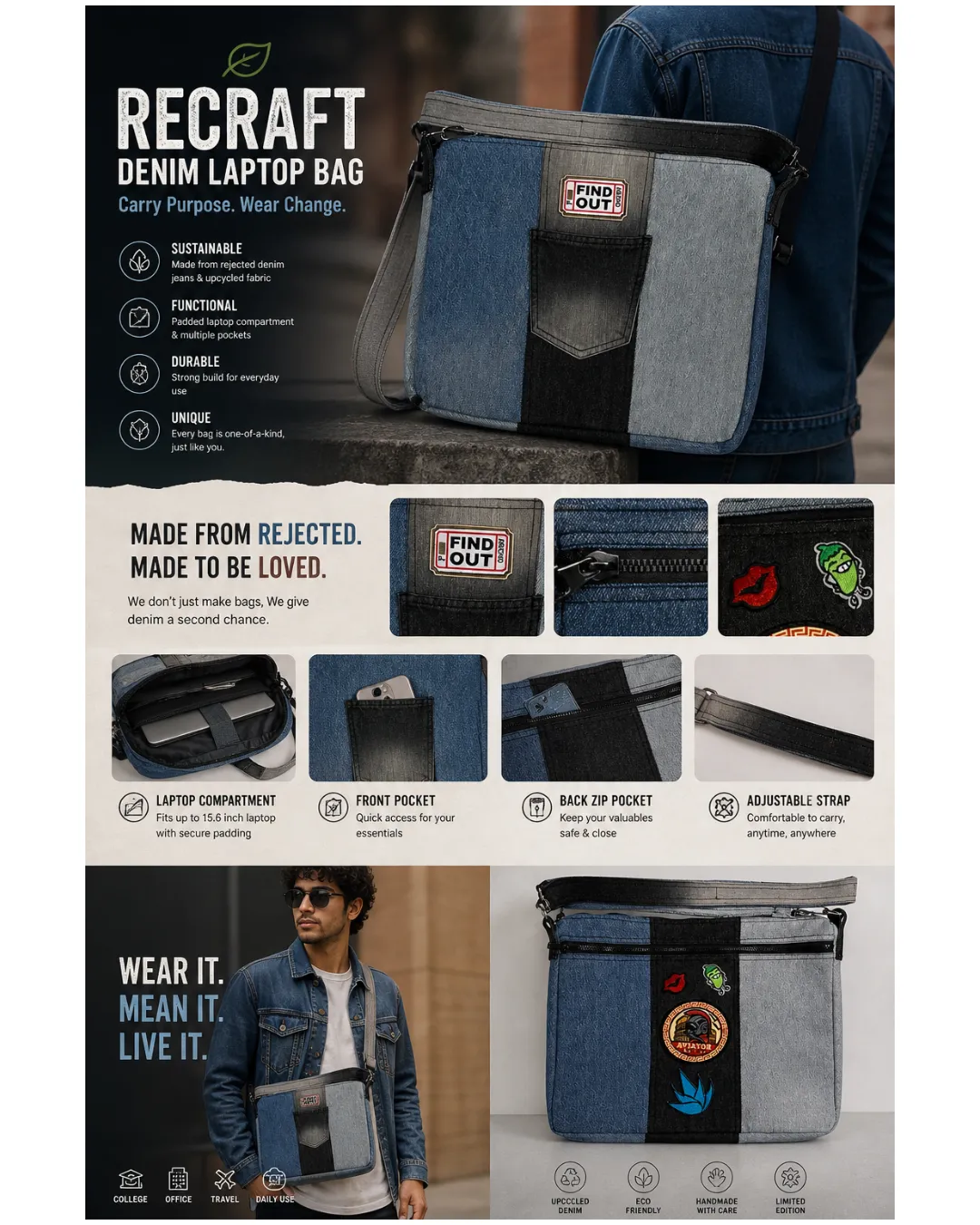 TLD Three Tone Denim Laptop Bag For Daily Travel Use